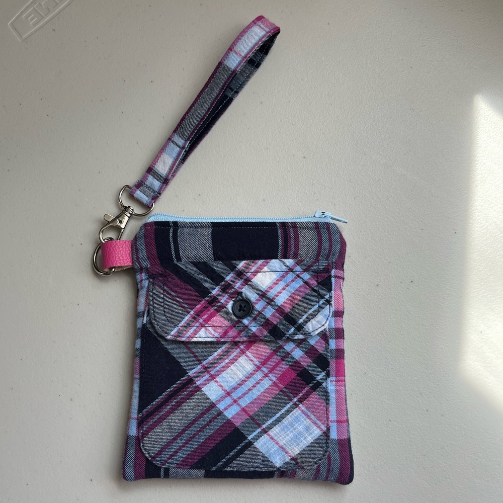 Handmade One Of A Kind Plaid Flannel Shirt Pocket Upcycled Fabric Wristlet